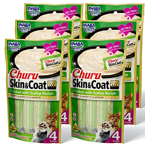 INABA Churu Lickable Purée Natural Cat Treats for Skin and Coat with Omega Oils, Taurine and