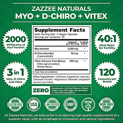 Zazzee MyoInositol + DChiro + Vitex, 120 Vegan Capsules, Optimal 401