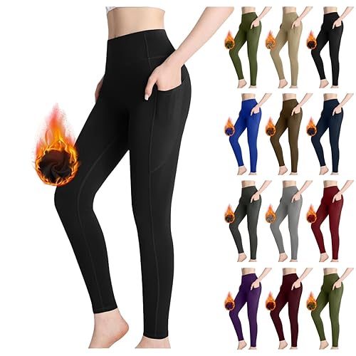 Angxiwan Black Ribbed Leggings Fleece Lined Leggings for Women UK High Waisted Gym Workout Gym Yoga Pants Thermal Thick Tights Tummy Thermal Women Fleece Lined