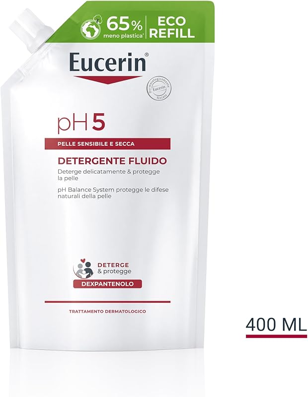 pH5 Detergente Fluido Refill 400 ml, Ricarica detergente viso e corpo delicato e idratante per lavaggi frequenti, Bagnoschiuma senza sapone per tutta la famiglia per pelle secca e sensibile