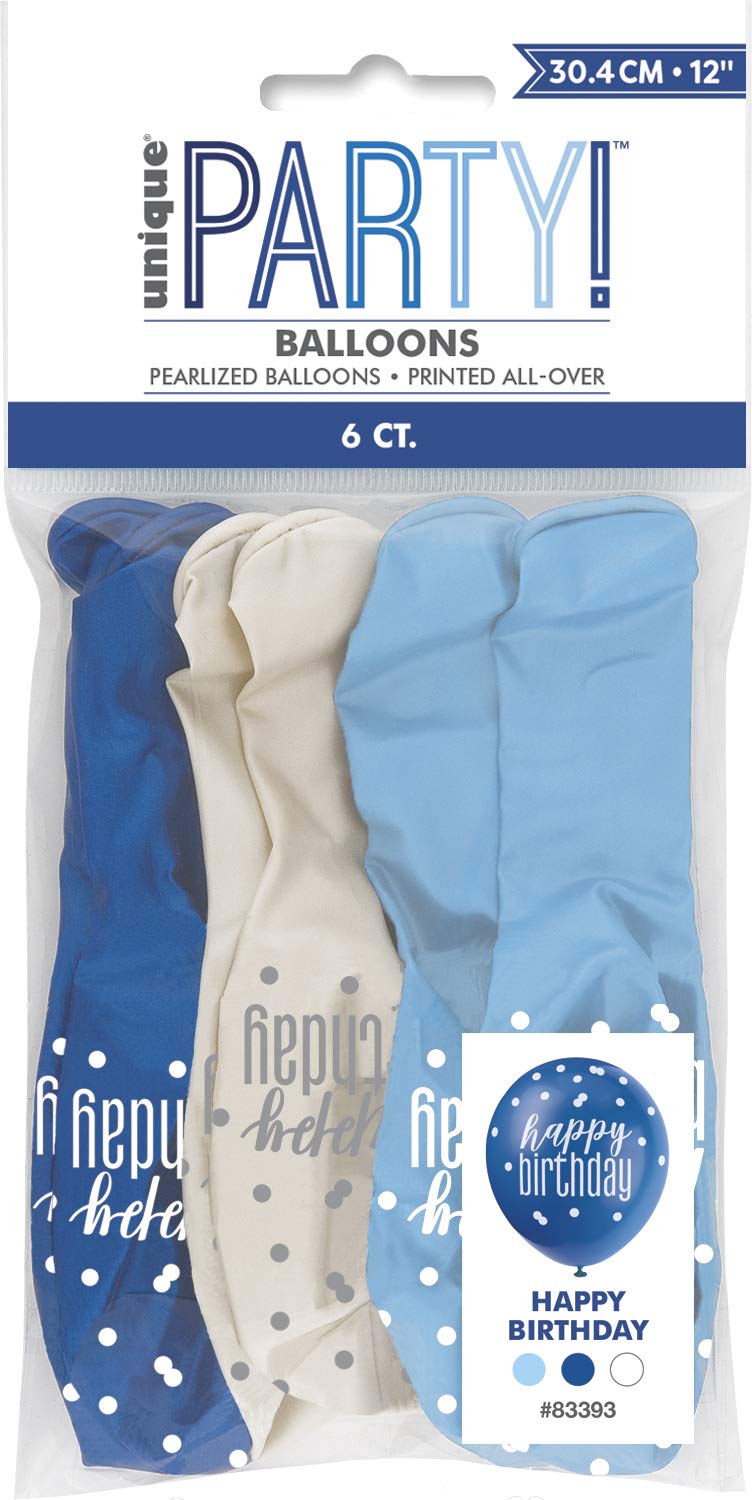 Glitz Light Blue, Royal Blue & White Happy Birthday Latex Balloons (30cm) - Perfect for Memorable Milestone Party Decor - 6ct