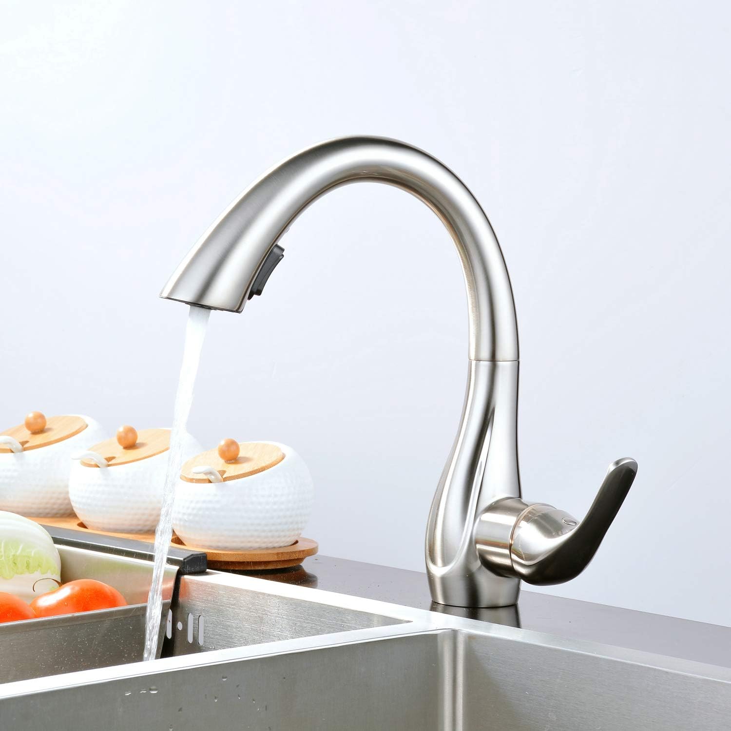 Commercial Kitchen Tap 360° Swivel Single Handle Lever Brushed Nickel Pull Out 1 Hole Mount