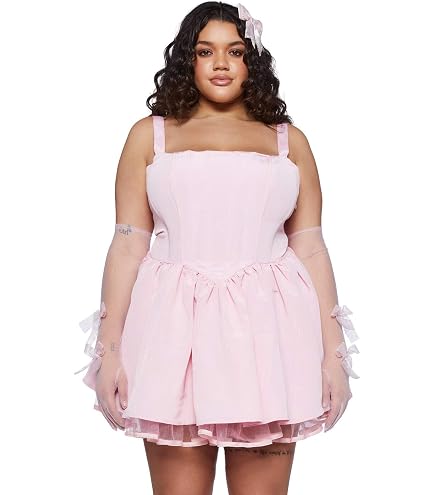 Dolls Kill Plus Magic Moves Corset Dress by Sugar Thrillz – Taffeta Corset Dress with Fishnet Mesh Petticoat & Lace-Up Back, Black