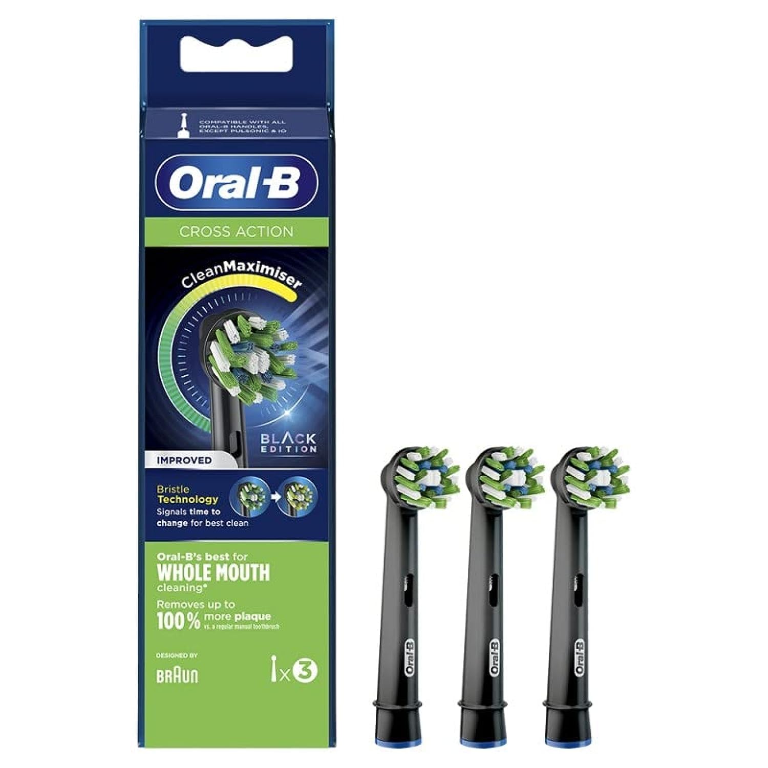 Oral-B CrossAction Heads for Electric Toothbrush Black Edition with CleanMaximiser Technology, Pack of 3