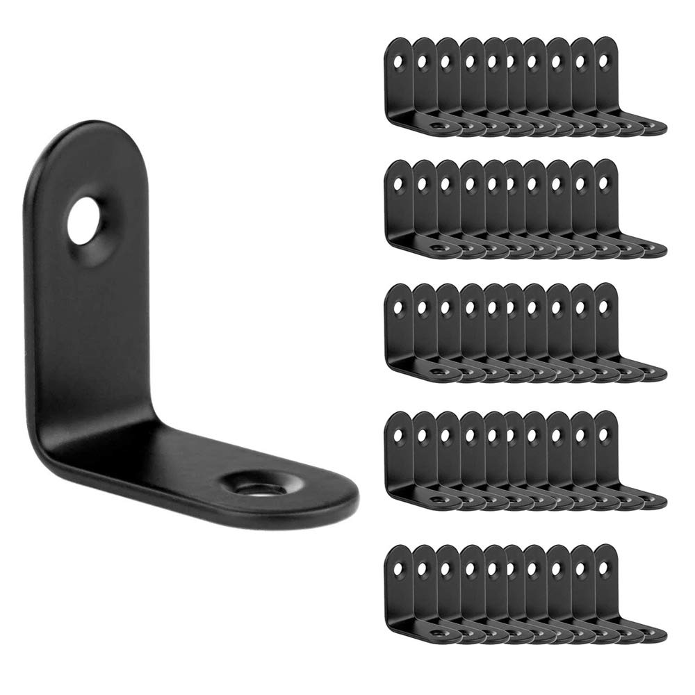 STARVAST 50 Pack Stainless Steel 90 Degree Angle L shape Bracket, Corner Brace Joint Bracket Fastener, 25mm x 25mm x 15mm, Black Tone, Round End, 2 Holes