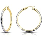Hoops & Loops 925 Sterling Silver Diamond-Cut Round Hoop Textured 3mm Click-Top Earrings for Women, Slver, Two-Tone 14K Yellow Gold Flash Plate 15/20/25/30/35/40/45/50mm Hoops