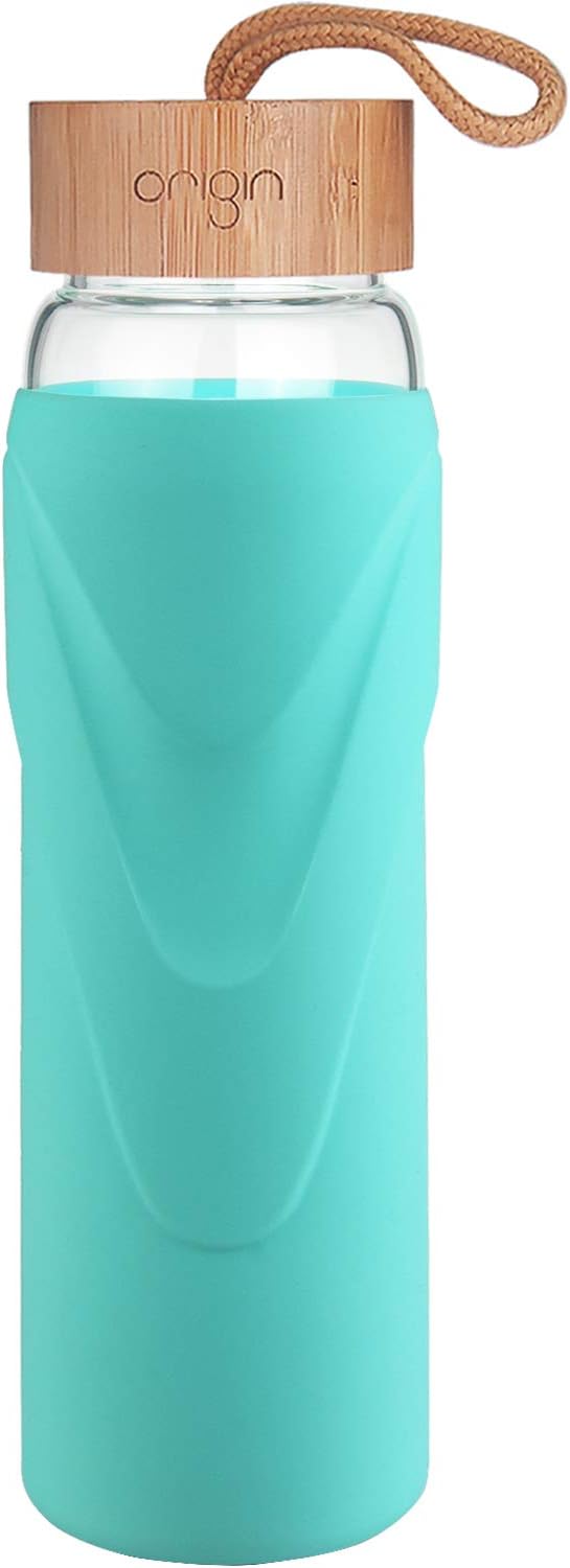 Origin - Best Wide Mouth BPA-Free Glass Water Bottle with Protective Silicone Sleeve and Bamboo Lid - Dishwasher Safe (Teal, 24 Ounce)