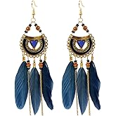Feather Earrings for Women Vintage Bohemian Earrings Long Drop Dangle Earrings Long Tassel Feather Earrings Boho Multicolor Tassel Feathers Hook Earring