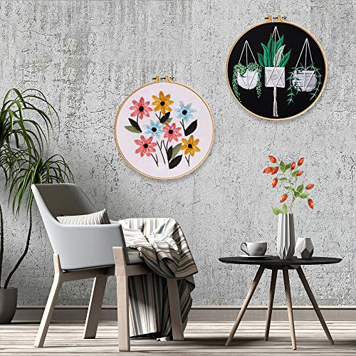 Embroidery Kit with Pattern, 2 Sets Embroidery Starter Kit with Instructions, Including Embroidery Clothes with Floral Pattern, Embroidery Hoop, Color Threads and Tools