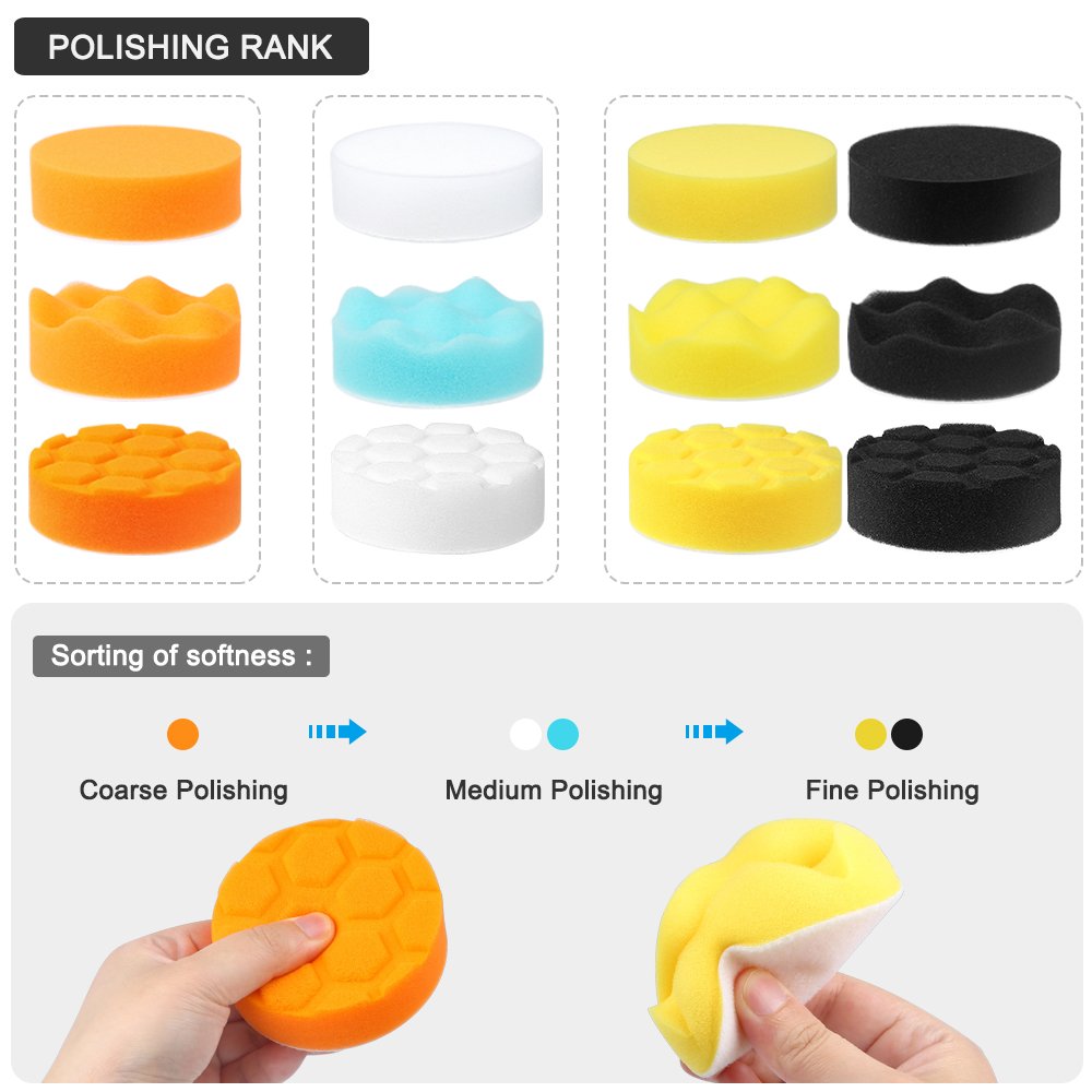 Electop Car Polishing Pad Kit 22 Pcs, 3 Inch Foam Drill Buffing Sponge Woolen Pads for Car Sanding, Buffing, Polishing, Waxing, Sealing Glaze(18 Pads+2 Drill Adapters+2 Suction Cups)