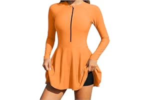 Womens 2 Piece Swim Dress Long Sleeve Rash Guard with Half Zipper Stand Collar Matching Swim Trunks Athletic Swimwear