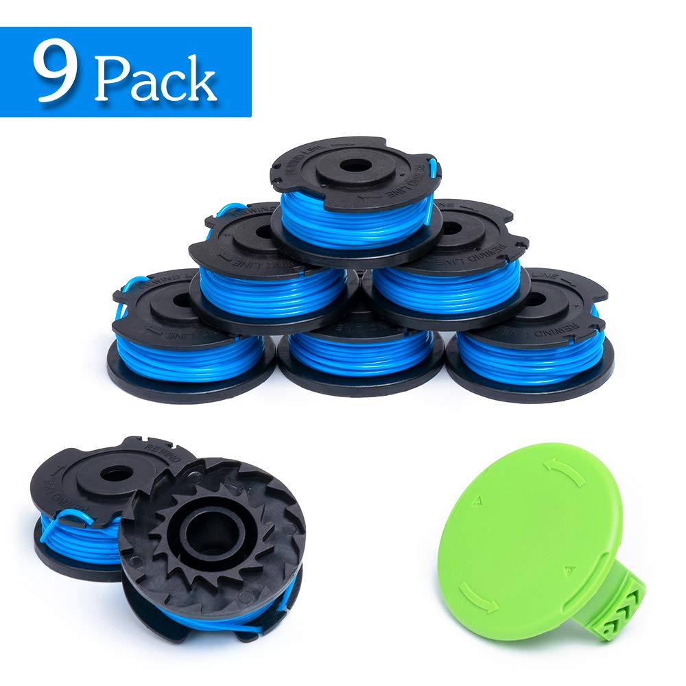 FutureWay String Trimmer Replacement Spool Line 0.065” 21332 21342 24 40 80 V, Compatible with GreenWorks 29252, Weed Eater String Autofeed 3411546A-6 Cap, Cordless Trimmer Line 16ft, 8 Spools + 1 Cap