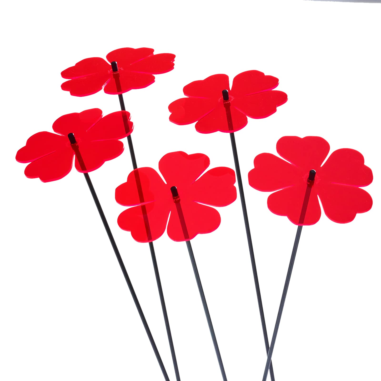 Set of 5 Large Double Blossoms Sun Catcher Garden Decor Ornamental Stakes 75cm, 29.5 inch high Outdoor Yard Accessory Lovely Gardeners Gift, Colour:fluorescent Red