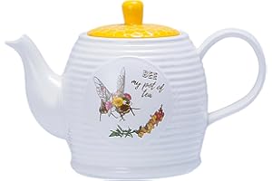 Mageeki Ceramic Teapot with Bee Design - 1000 ml White Porcelain Tea Pot for Coffee and Water, Dishwasher and Microwave Safe