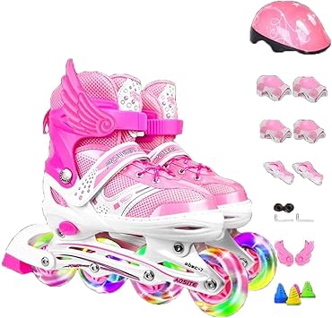 Amazon クジハン ローラーブレード セット インラインスケート 子供 ジュニア用 ウィールが光る 15点セット ローラースケート Fuxujp インラインスケート