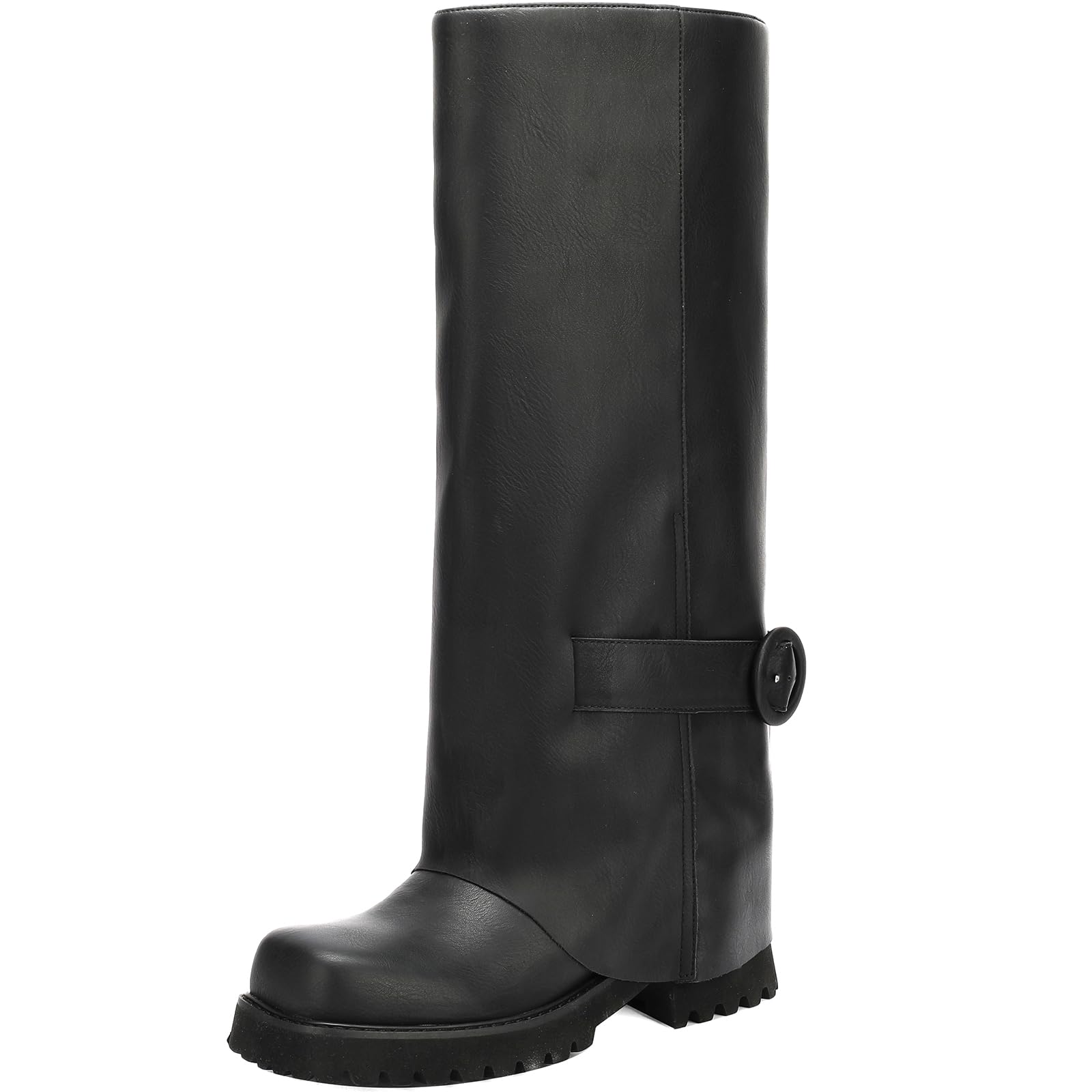 Photo 1 of TEAIEUI Women's Knee High Riding Boots Square Toe Chunky Low Heel Motorcycle Boots Slouchy Fold Over Moto Biker Boots for Women Black 10