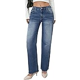 AIMNEWS Straight Leg Jeans for Women High Waisted Stretchy Petite Friendly - Washed Fabric Frayed Raw Hem Wide Leg Pants