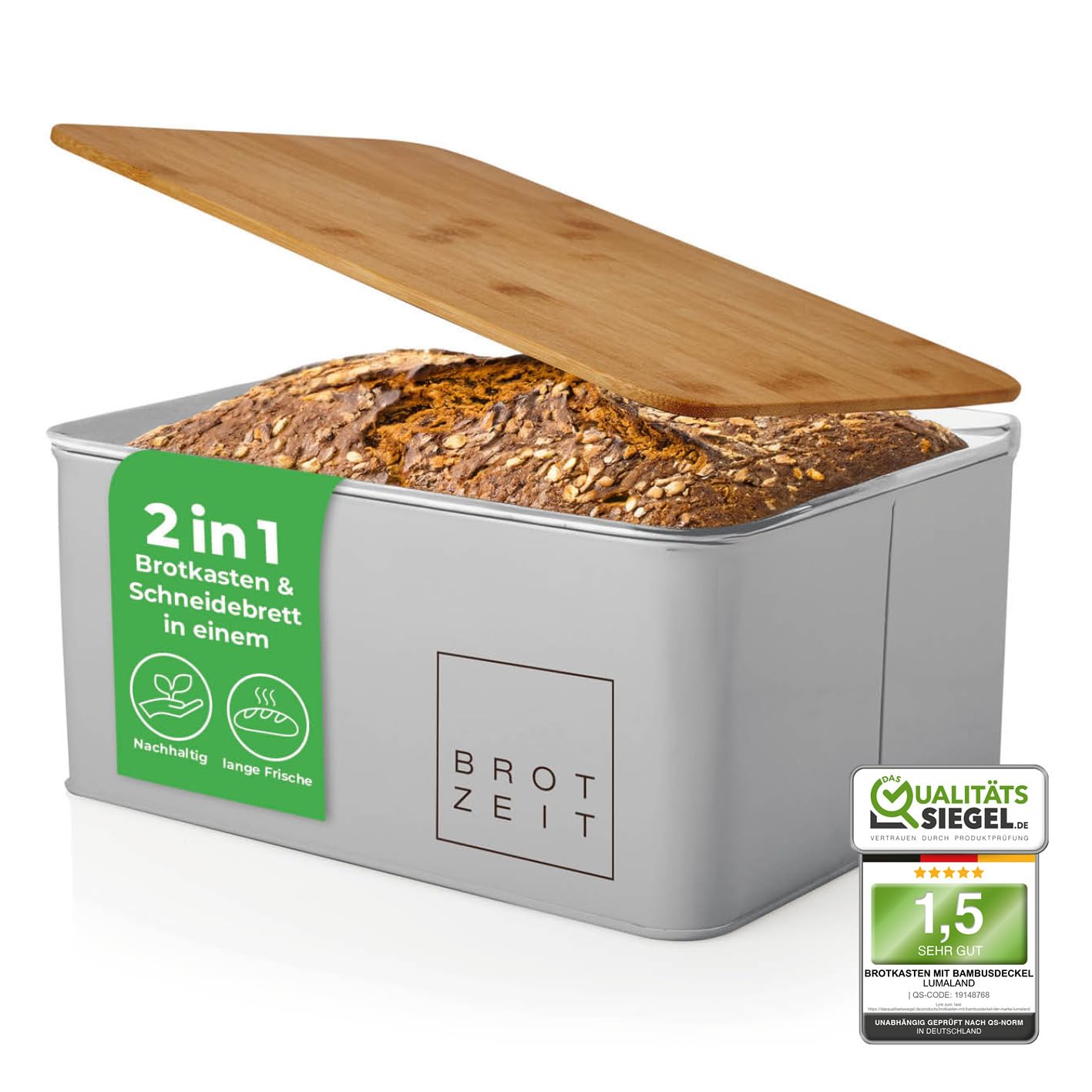 Lumaland Cuisine Bread Bin | Metal Bread Box with Bamboo Lid | Rectangular Bread Box 30,5 x 23,5 x 14 cm | 2in1 Bread Bin & Cutting Board [Light Grey]