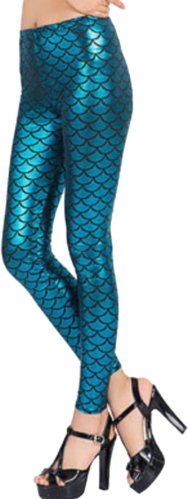 GirlzWalk Women's Ladies Mermaid Fish Scale Print Stretch Metallic Leggings Pants