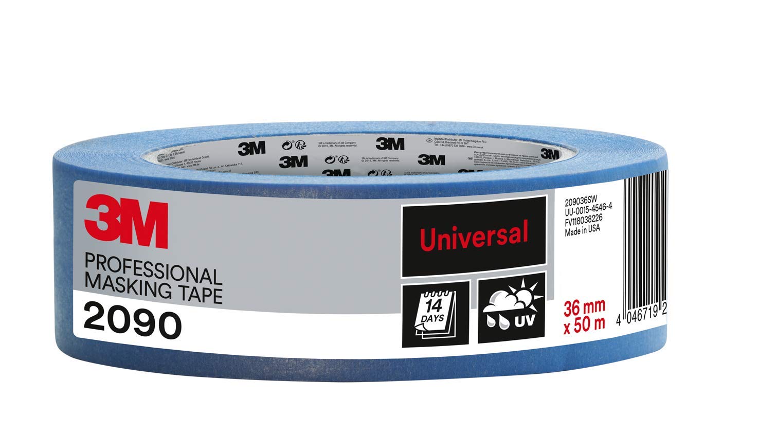 3M Professional Masking Tape 2090, Universal Surfaces - 1 Roll, 36 mm x 50 m - UV stable, Water Resistant, For Indoor & Outdoor Painting and Decorating