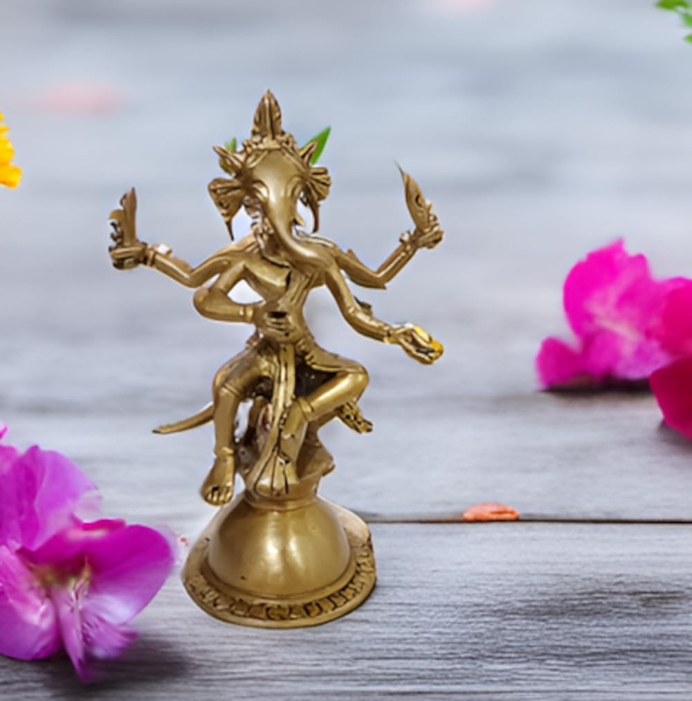 Purpledip Brass Idol Lord Ganesha Ganapathi: Ancient Tribal Design Four Armed Statue (12412)