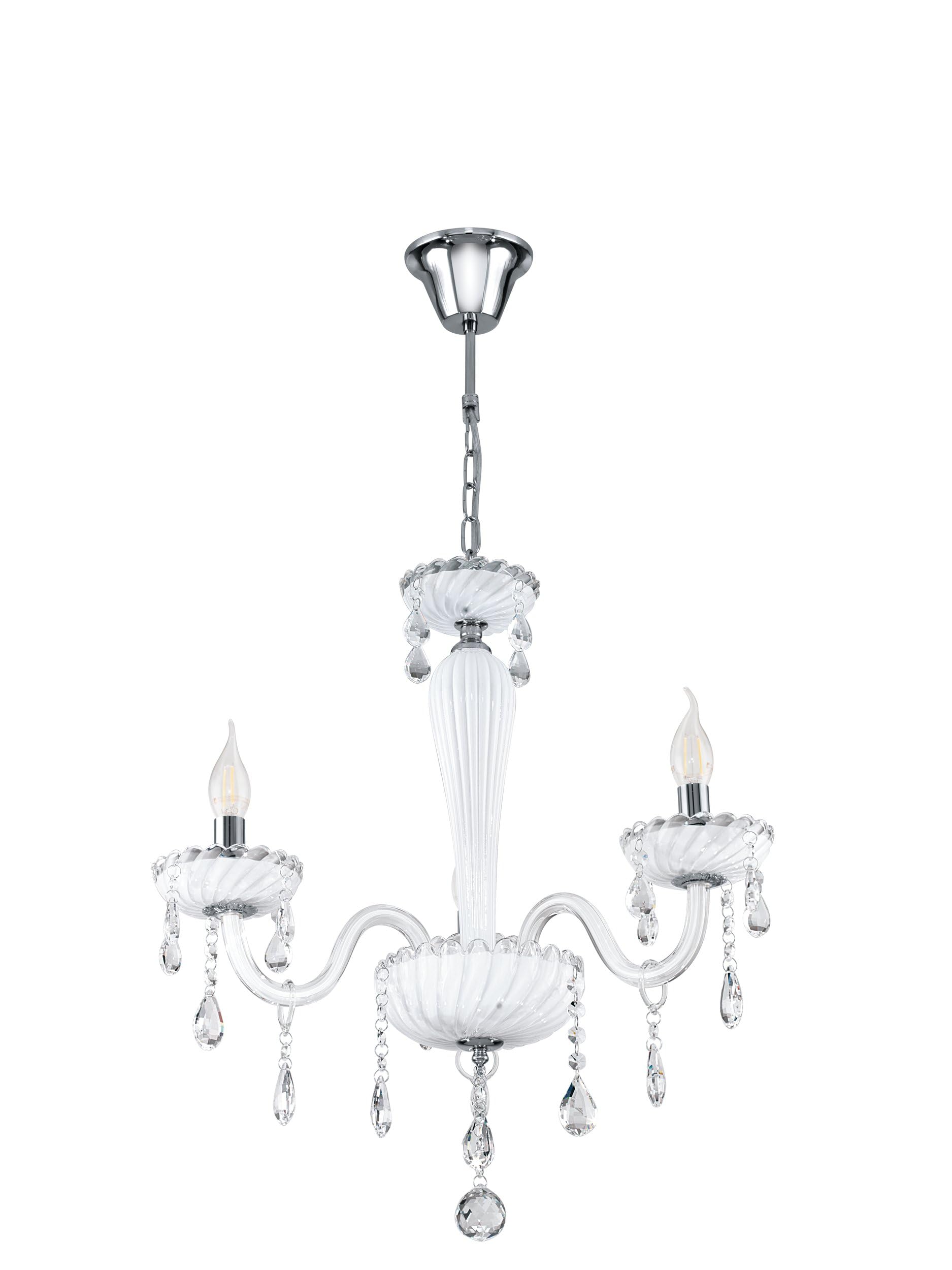 Eglo Pendant Light Carpento, 3-Light Vintage Chandelier, Shabby Chic Hanging Lamp Made of Steel and Glass in Chrome, White, Dining Table Lamp, Hanging Living Room Light with E14 Socket