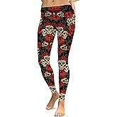 sissycos Women's Sugar Skull Leggings Buttery Soft Rose Flower Printed Halloween Stretchy Pants 28