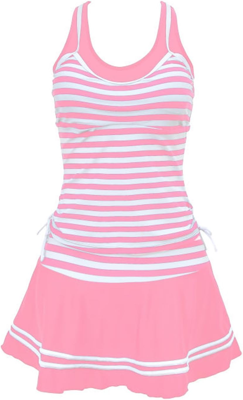 Lemu Women's Tankini Striped Vintage Swim Dress Medium(US Size 8-10) Pink and White