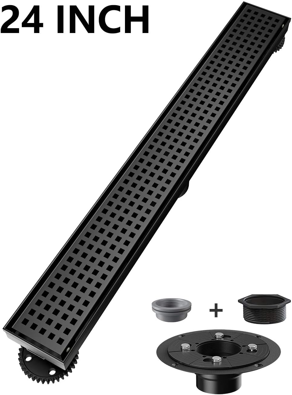 USHOWER Linear Shower Drain 24 Inch, Square Pattern Grate Matte Black Stainless Steel Linear Drain with Drain flange kit