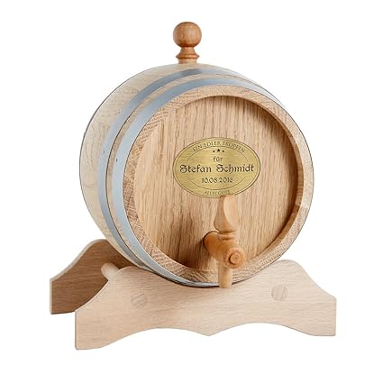 Holzfass für Schnaps zum Geburtstag – Edler Tropfen – Personalisiert mit [Wunschnamen] und [Datum] – mit Ständer, Stopfen und