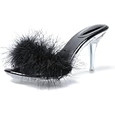 Heiyom Women's Fuzzy Slippers Clear Heels Pointed Toe Stilettos Heels Mules Sandals Fluffy Feather Slip On High Heeled Party Prom Dresses Shoes