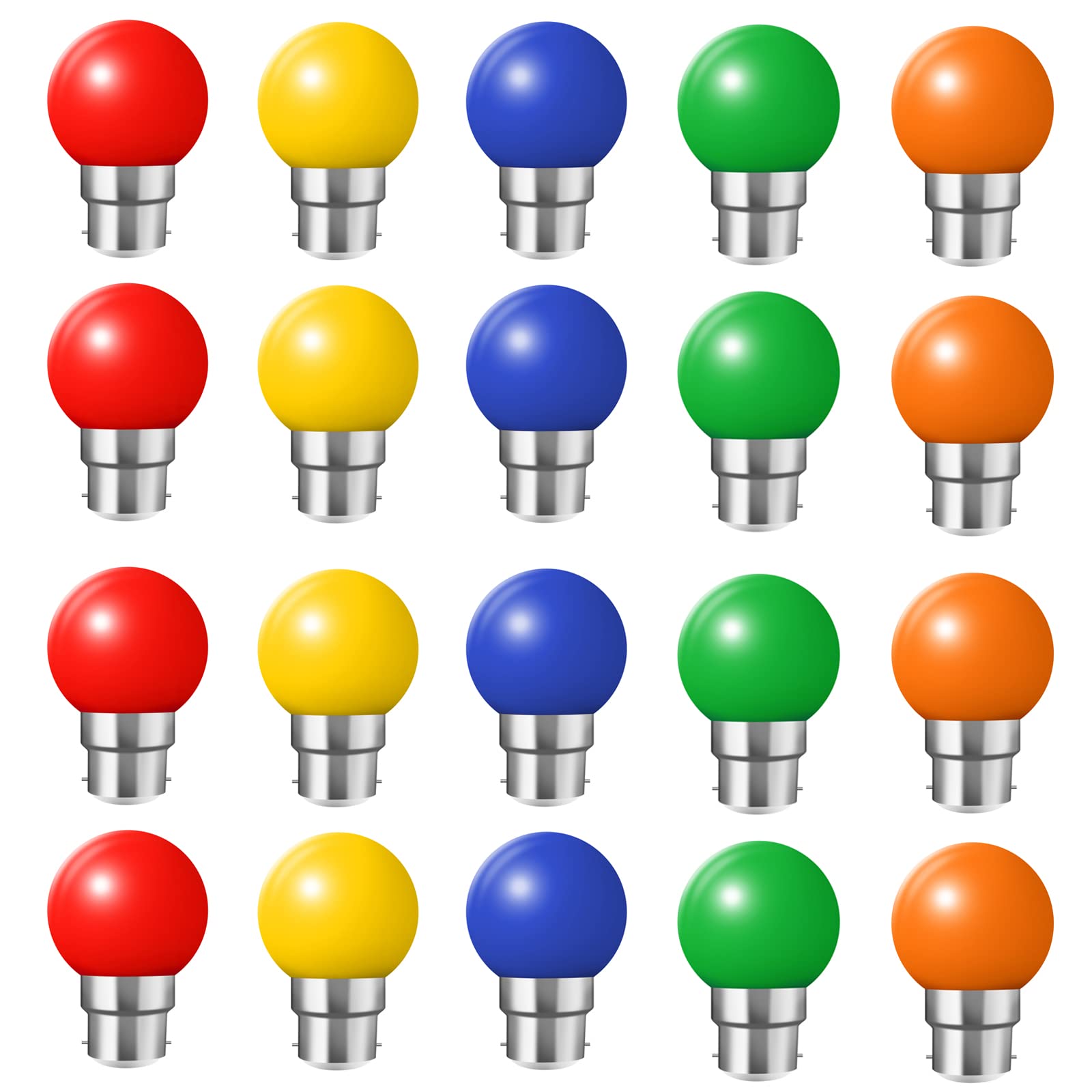 HUAMu 20 Pack B22 Bayonet Cap LED Coloured Light Bulbs, 2W G45 Mini Globe Golfball Bulbs for Outdoor Patio Garden Party Christmas, Mixed Colored Red Yellow Blue Green Orange — image 1
