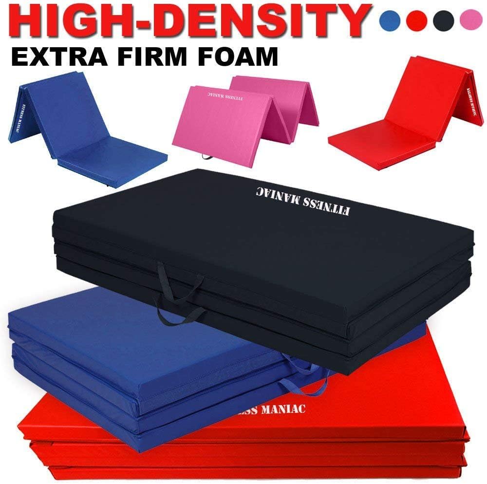 Fitness MANIAC Folding Mat Thick Foam Exercise Gymnastics Panel Gym Tri and Four Fold Mat Non Slip Mats with Carrying Handles Yoga Aerobics Workout Training Red Black Blue Pink