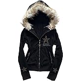 QJK Black Star Fur Zip Up Hoodie Jacket Y2K Faux Fur Lined Hooded Coat Streetwear Leopard Star Embroidery