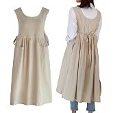 losofar Women Plus Size Cotton Linen Vintage Pleated Split Apron Pinafore Dress with Two Pockets