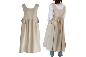 Women Plus Size Cotton Linen Vintage Pleated Split Apron Pinafore Dress with Two Pockets (Beige, 43.4" L)