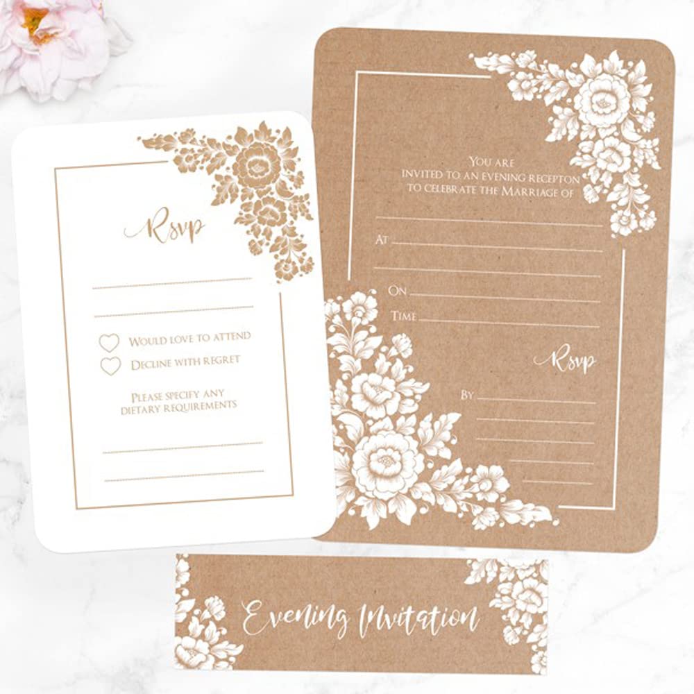 Dotty about Paper Romantic Flowers Invitation Bundle - Evening Invitations & RSVPs - Pack of 10 - Invite and RSVP Envelopes Included. Perfect for A Rustic Or Floral Themed Wedding (203)