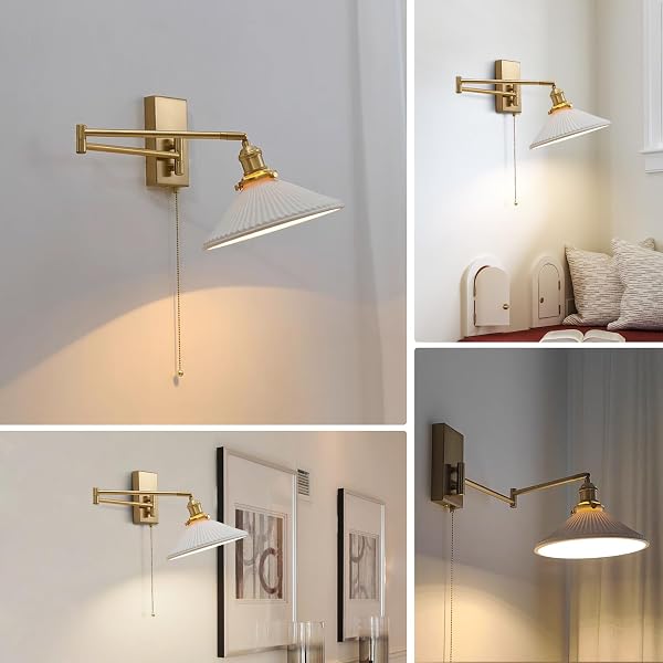 MAGIROZ WALL SCONCES SET OF 2 BRUSHED GOLD WALL MOUNTED SWING ARM LIGHT FIXTURE RETRO INDUSTRIAL HARDWIRED WALL LAMPS WITH PULL CHAIN BATHROOM VANITY SCONCES WALL LIGHTING INDOOR WALL LIGHTS MWL14A-2