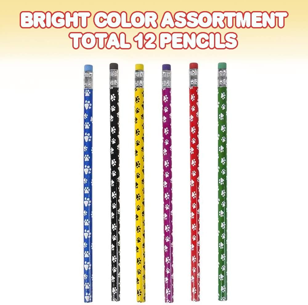 ArtCreativity Paw Print Pencils for Kids - Set of 12 - Wooden Writing Pencils in Assorted Colors with Erasers, Animal Theme and Dog Birthday Party Favors, Teacher Supplies for Classroom: Office Products