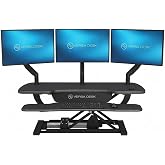 VERSADESK PowerPro 40 Inch Electric Standing Desk Converter &ndash; Push-Button Height Adjustable Sit to Stand Desk Riser for Triple Monitors &amp; Laptop &ndash; Motorized Desktop Workstation with Wide Keyboard Tray