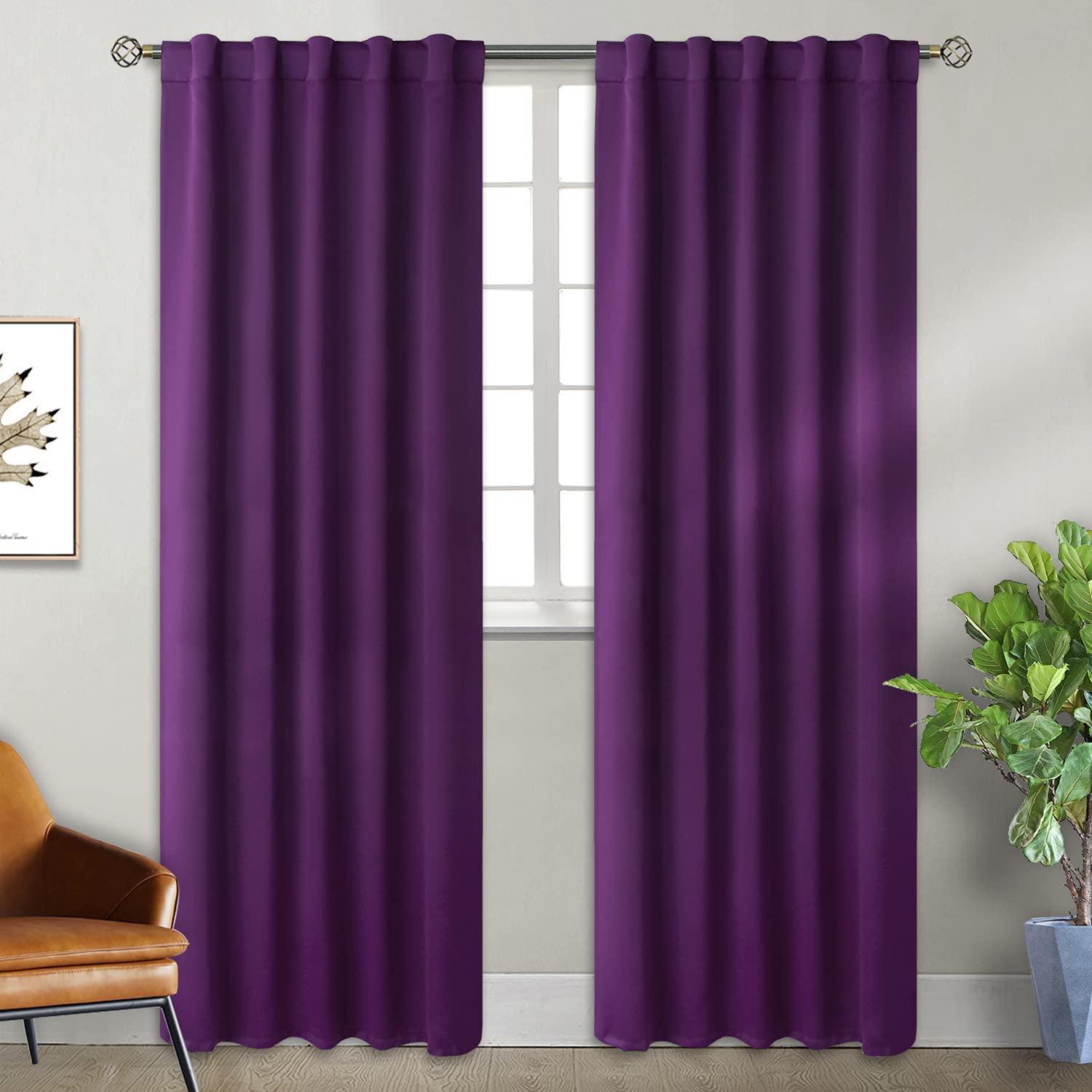 BGment Rod Pocket and Back Tab Blackout Curtains for Bedroom - 42 x 84 inch Thermal Insulated Room Darkening Curtains for Living Room, 2 Window Curtain Panels, Purple Image