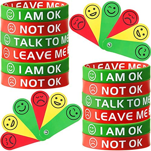 Hicarer 16 Pieces Mood Wristband and Emotion Fan Set Includes 12 Pcs Mood Silicone Rubber Bracelets and 4 Pcs Feeling Emotion Fans for Men Women Teens Education Party Supplies