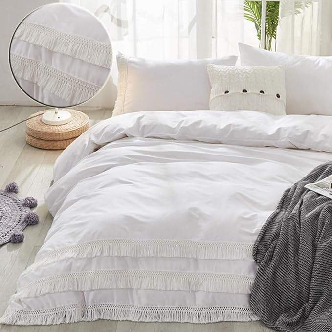FADFAY King Size White Boho Bedding Tassel Fringed Duvet
