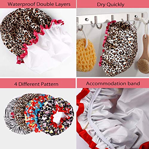 Shower Caps, Alimu 4 Pack Women Bath Caps Waterproof Double Layer Print Shower Hat Long Hair Perfect for Women