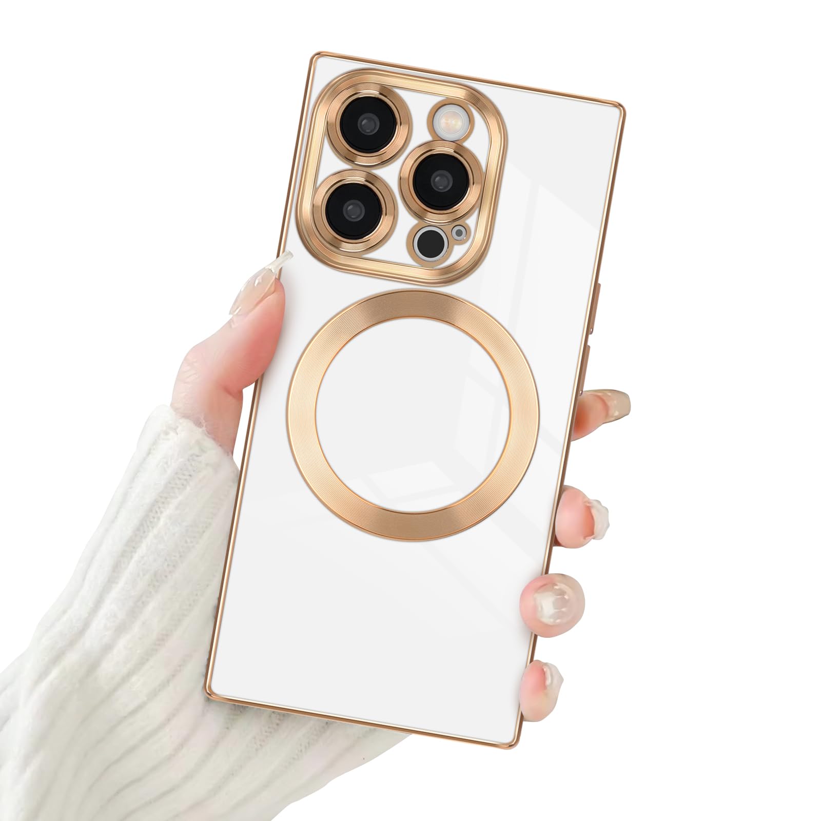 Photo 1 of Newseego for iPhone 14 Pro Magnetic Case, Luxury Plating Edge Case for Women Girls Men Soft TPU Bumper Shockproof Full Protective Cover for iPhone 14 Pro-White