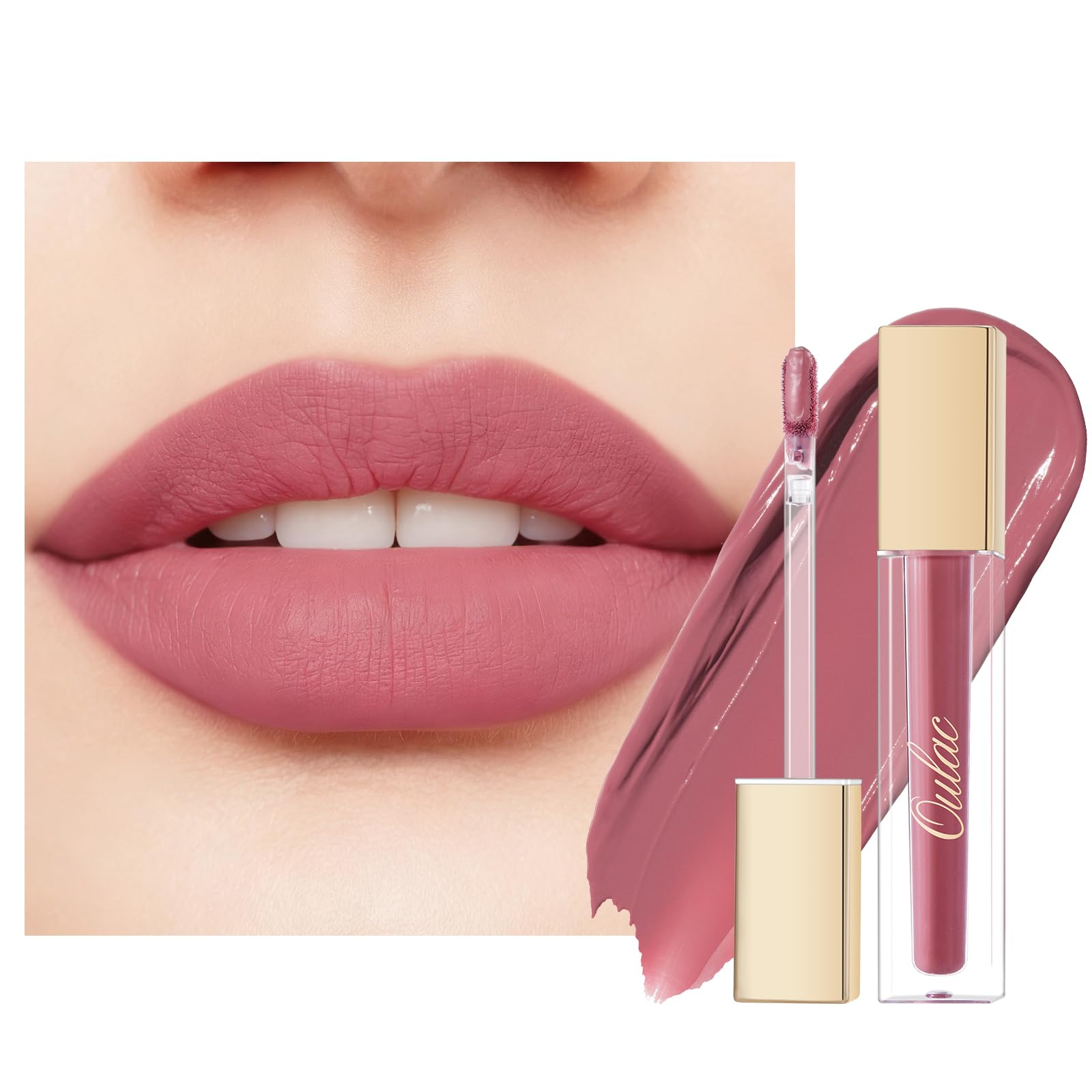 Oulac Matte Liquid Pink Nude Lipstick for Women - Long Lasting Lip Stain Waterproof Lip Tint with Vitamin E & Rose Oil High Pigment Color, Vegan, Pink Nude M12 — image 1