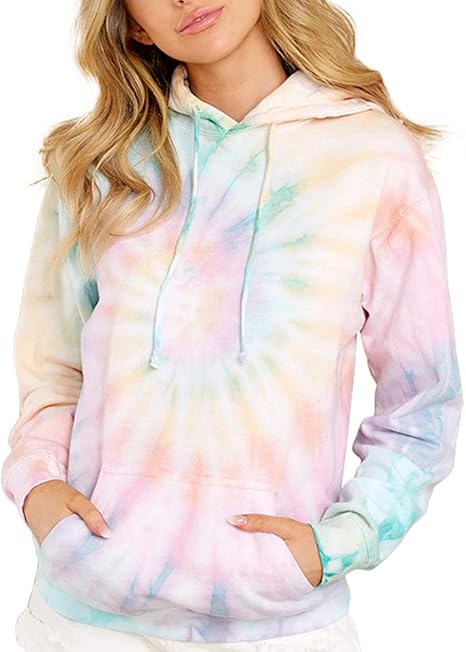 EFAN Women's Tie Dye Printed Hooded Sweatshirt Long Sleeve Casual Pullover Loose Warm Drawstring 