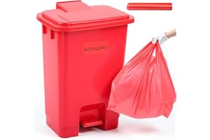 Geiserailie 1 Set 5.3 Gallon Biohazard Trash Can with Foot-Operated Self-Closing Lid, Biohazard Labels & Bags for Lab Industrial Infectious Waste Disposal, Step to Open, Step Again to Close