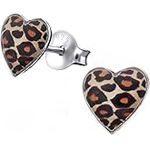 Heart Leopard Stud Earrings Small Sterling Silver 925 (E19916)
