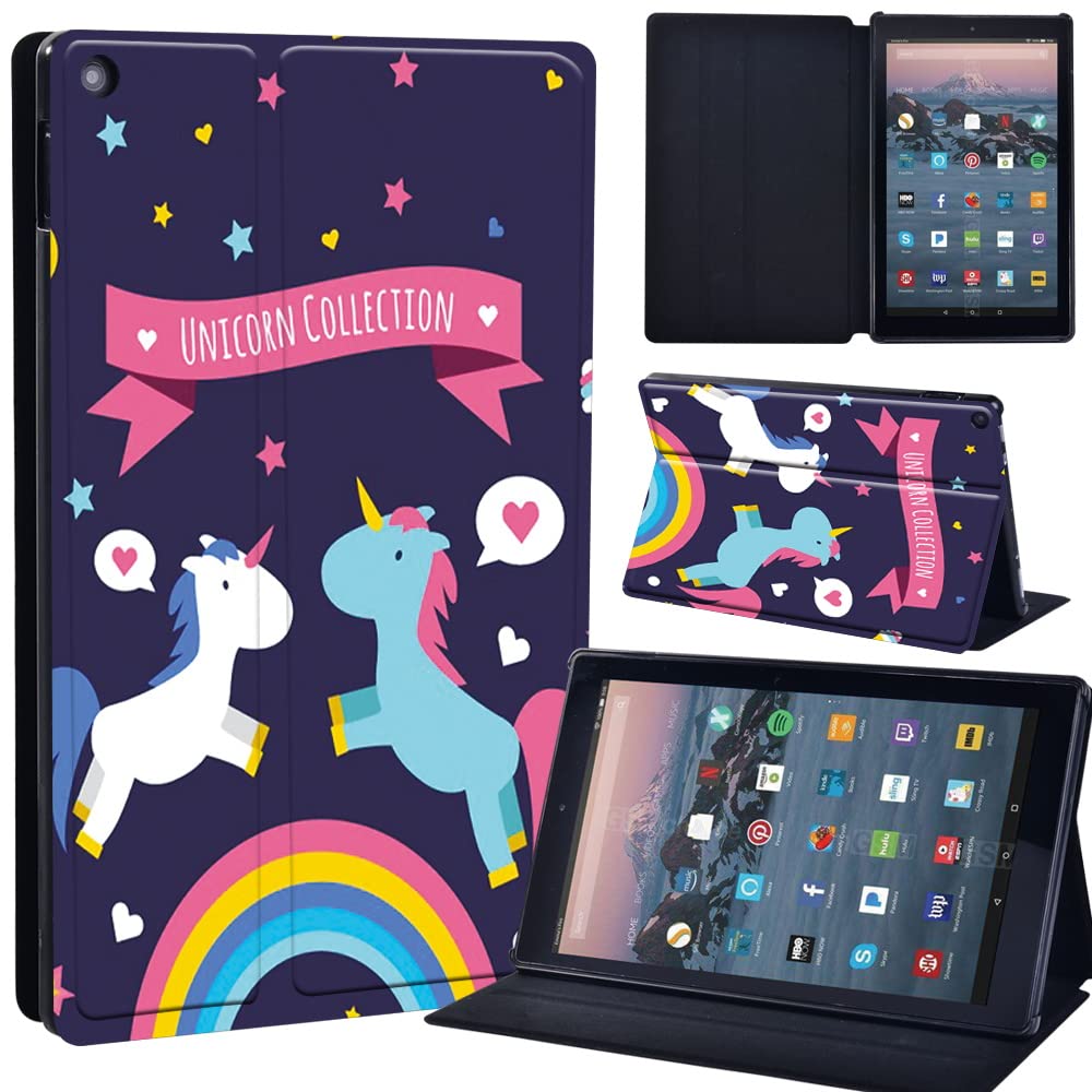 Leather slim lightweight Stand Cover Case Fit A m azon F i r e HD 10 Tablet 5th / 7th / 6th Generation - 2019, 2017, 2015 Release Tablet with Auto Wake/Sleep (unicorn and rainbow)